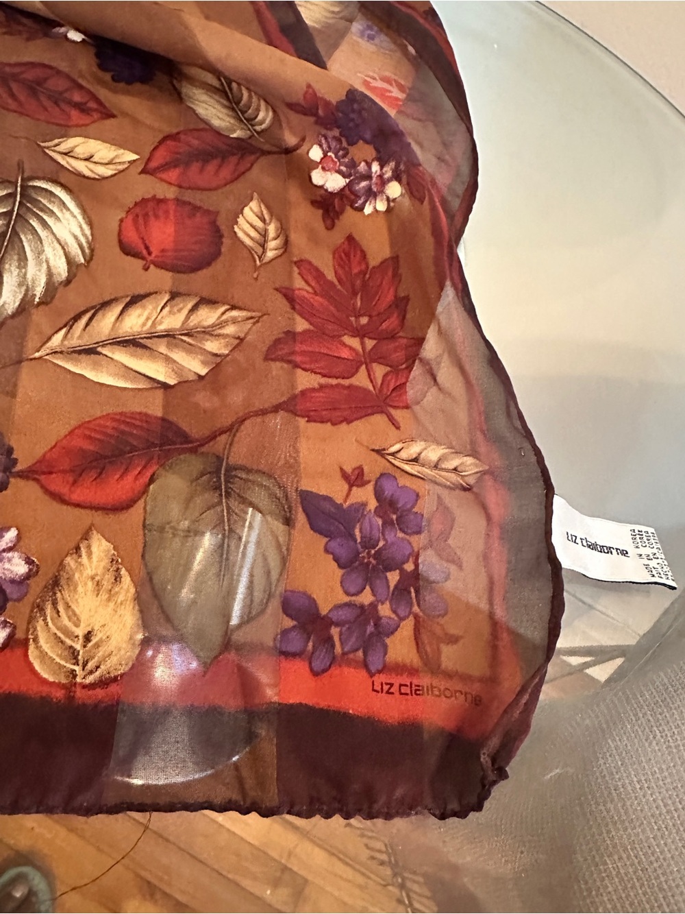Liz Claiborne Brown Scarf with Purple and Red Leaf Print